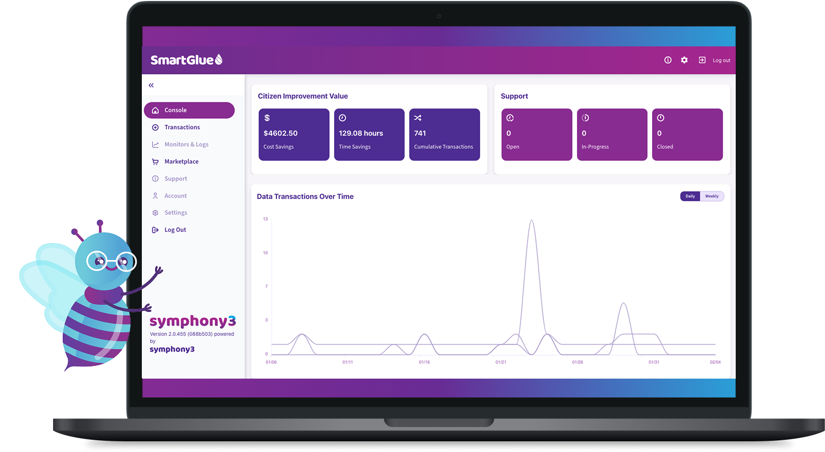 Image of the SmartGlue dashboard, showing how SmartGlue allows you to monitor dataflows 24/7 at your fingertips